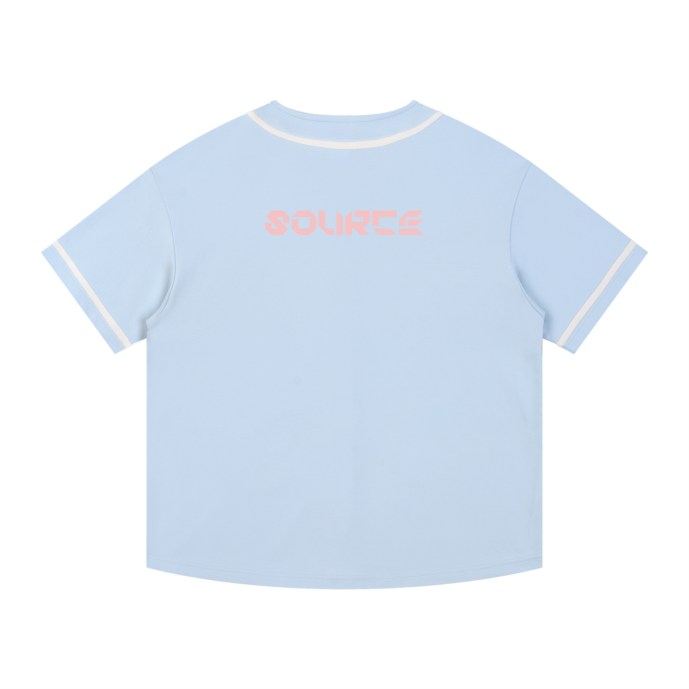 Light blue polo shirt with 'SOURCE' logo on the back against a white background