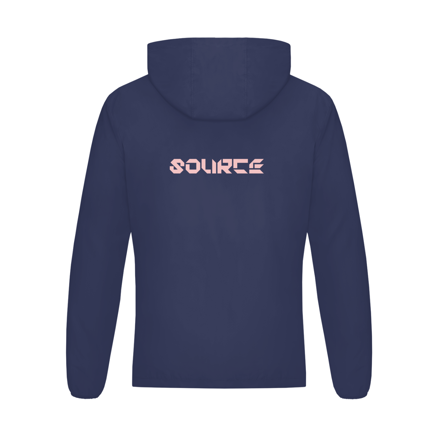 Navy blue hoodie with 'SOURCE' logo on the back against a white background