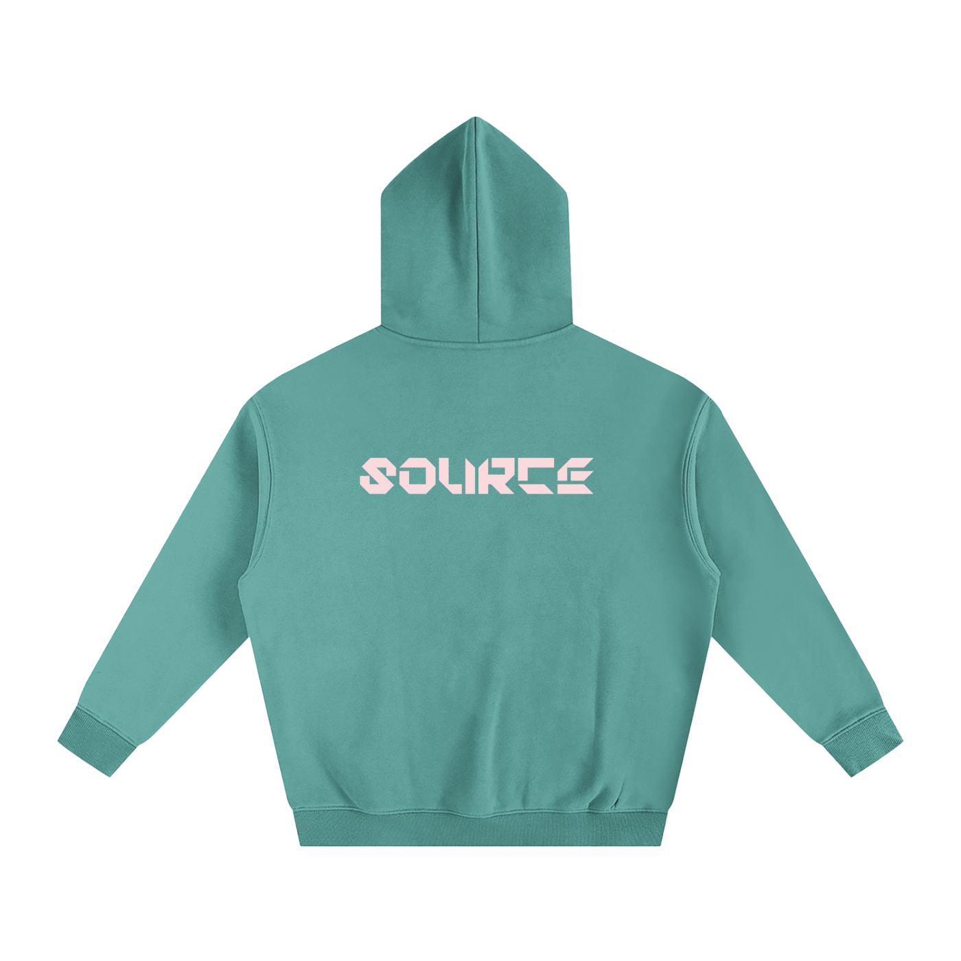 Teal hoodie with 'SOURCE' logo on the back against a white background