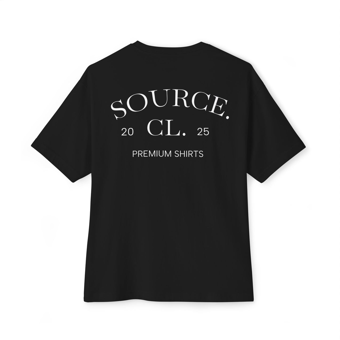 Black t-shirt with white text on the back on a white background