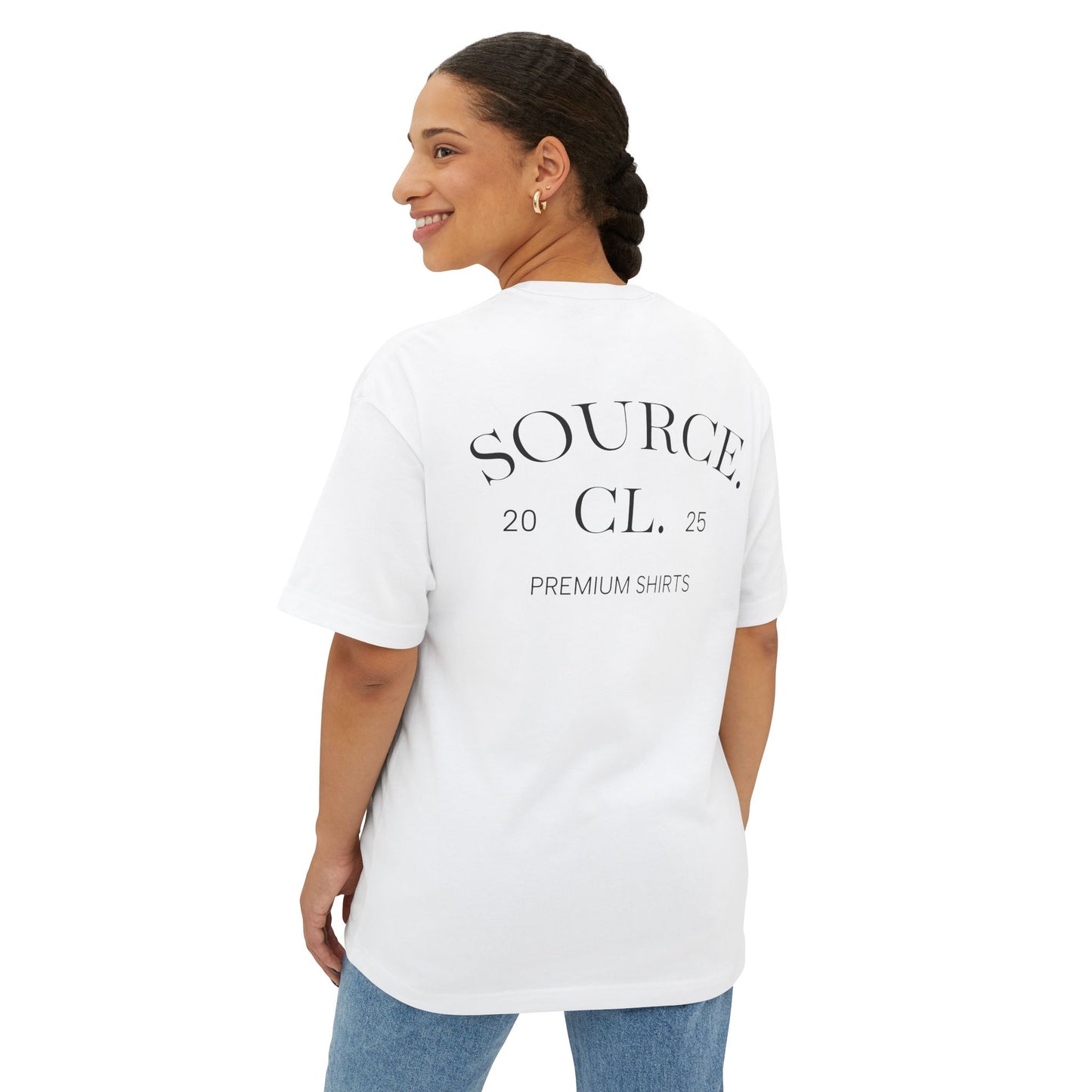 Woman wearing a white t-shirt with 'SOURCE CL' text on the back, standing against a white background