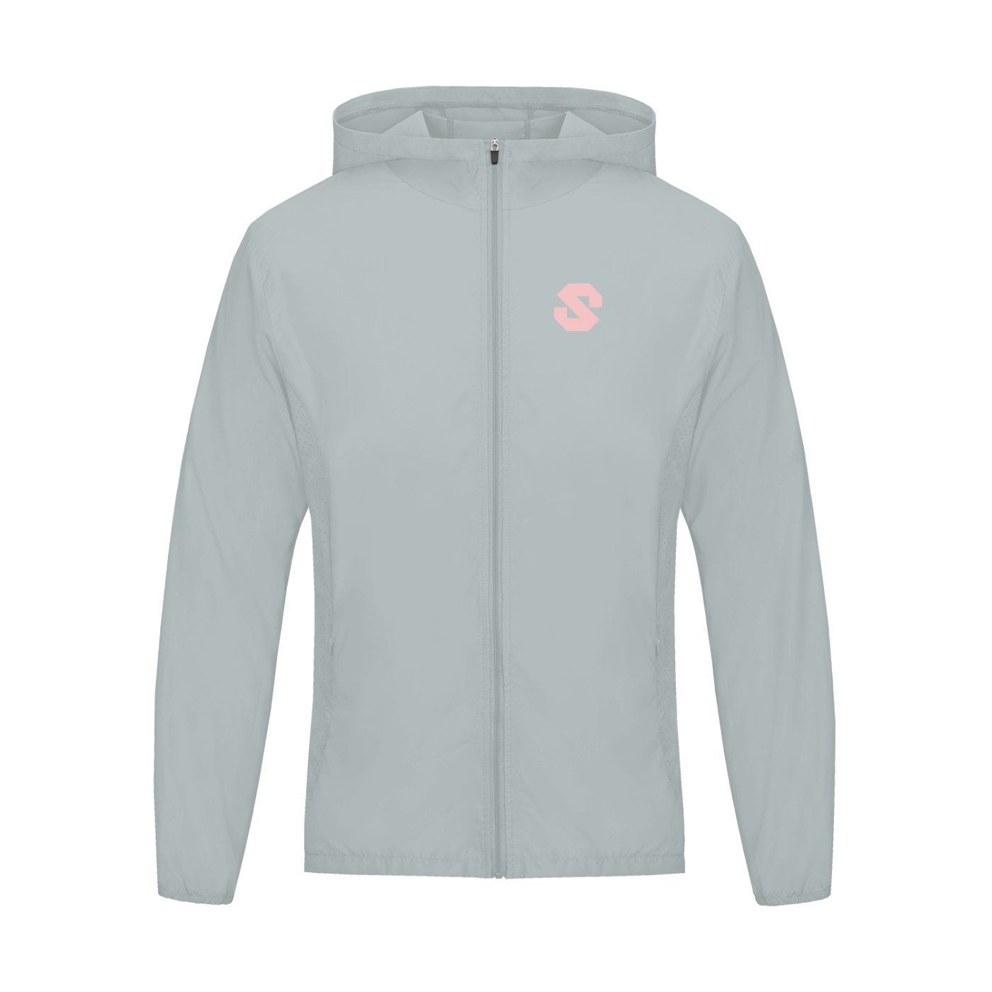 Light gray hoodie with a pink logo on a white background