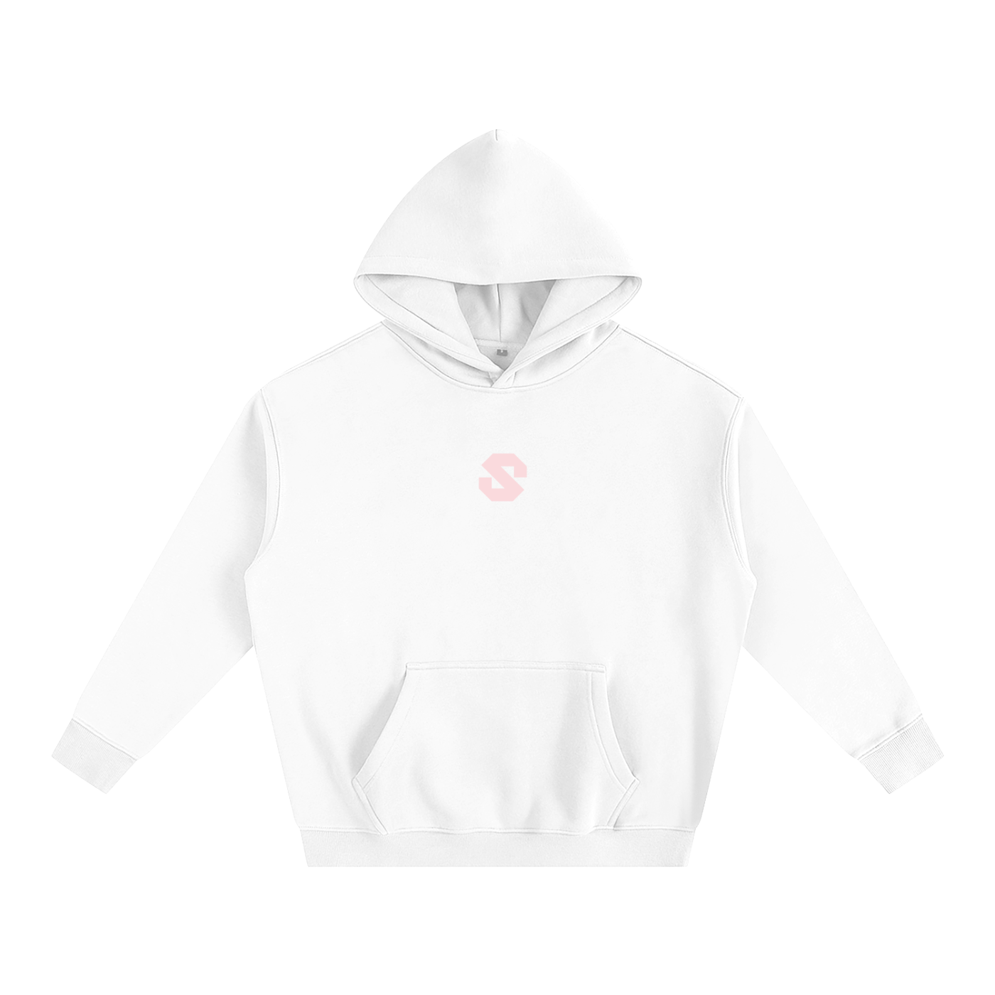 White hoodie with a small pink logo on a white background