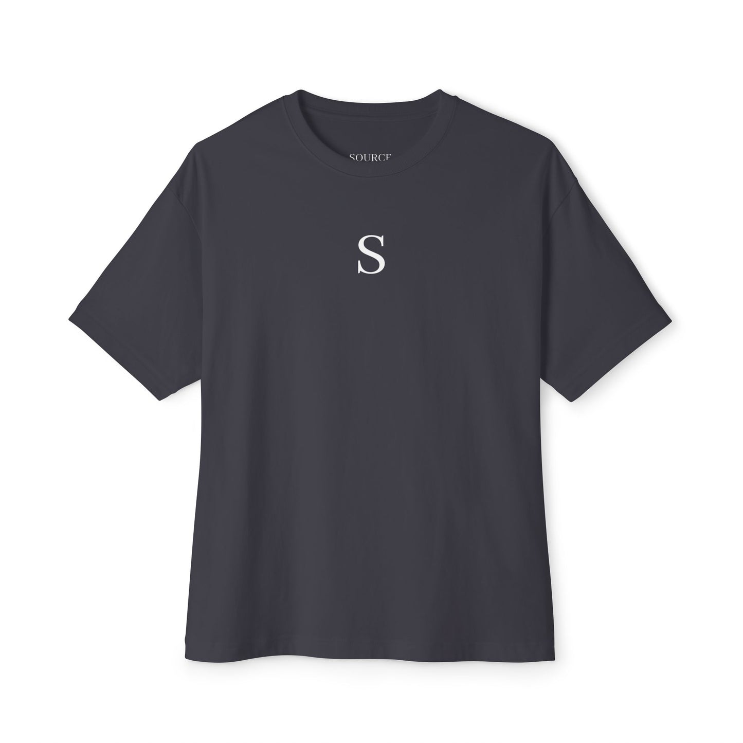 Black t-shirt with a white letter 'S' on a white background