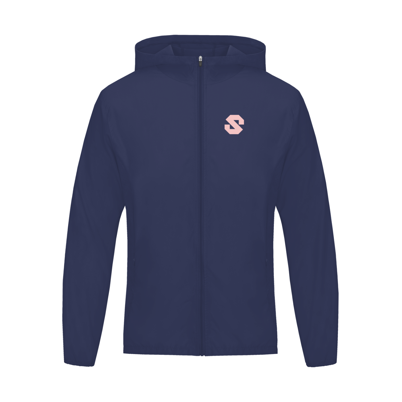 Navy blue hooded jacket with a small logo on the chest against a white background
