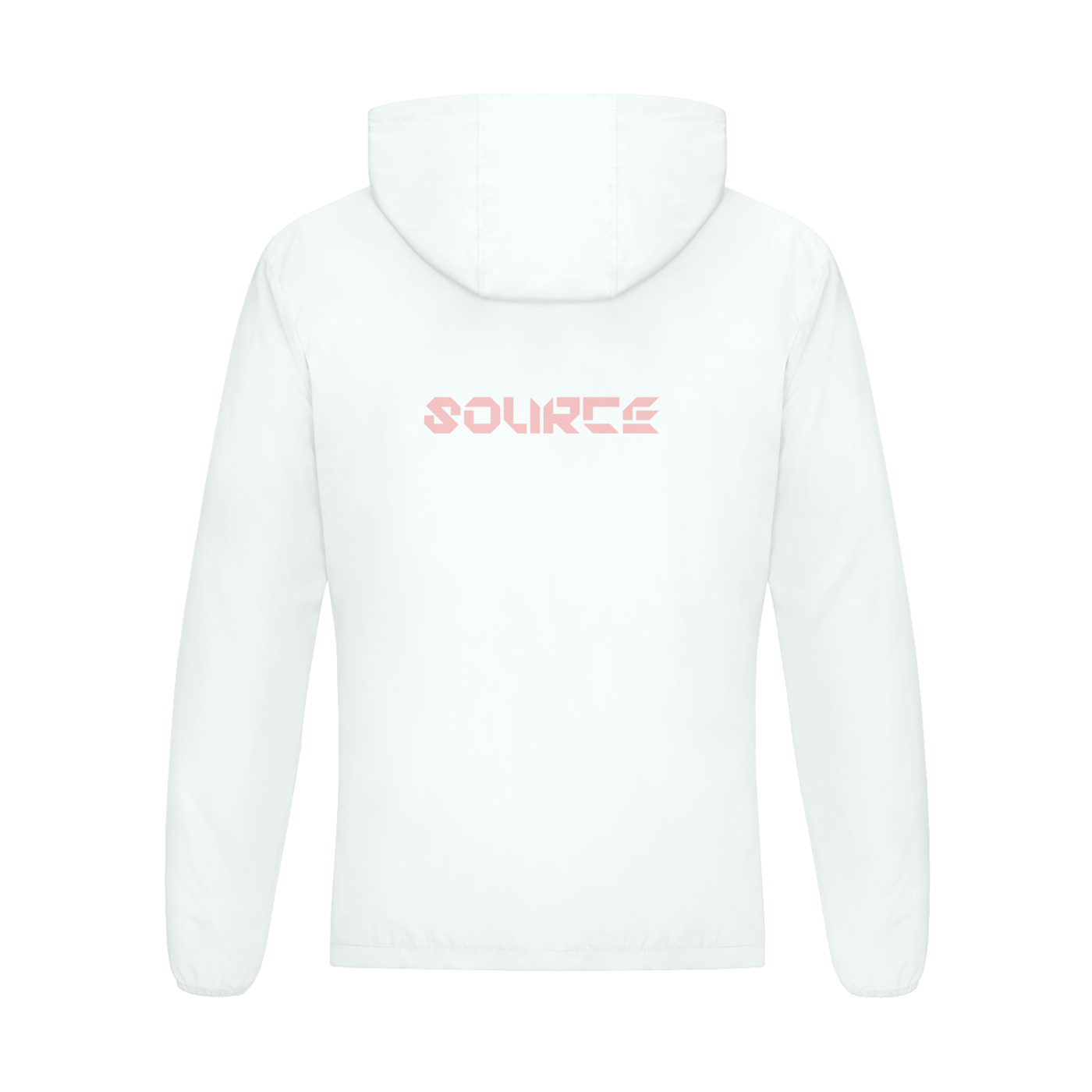 White hoodie with 'SOURCE' logo on the back against a white background