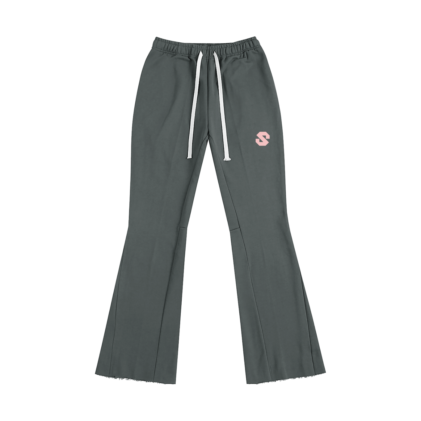Gray flared pants with a small logo on a white background