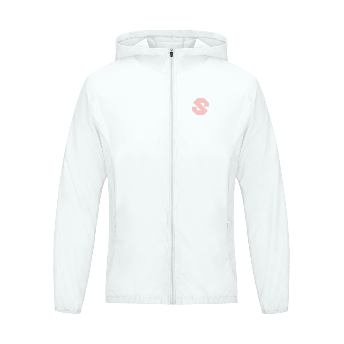 White hoodie with a small logo on the chest against a white background