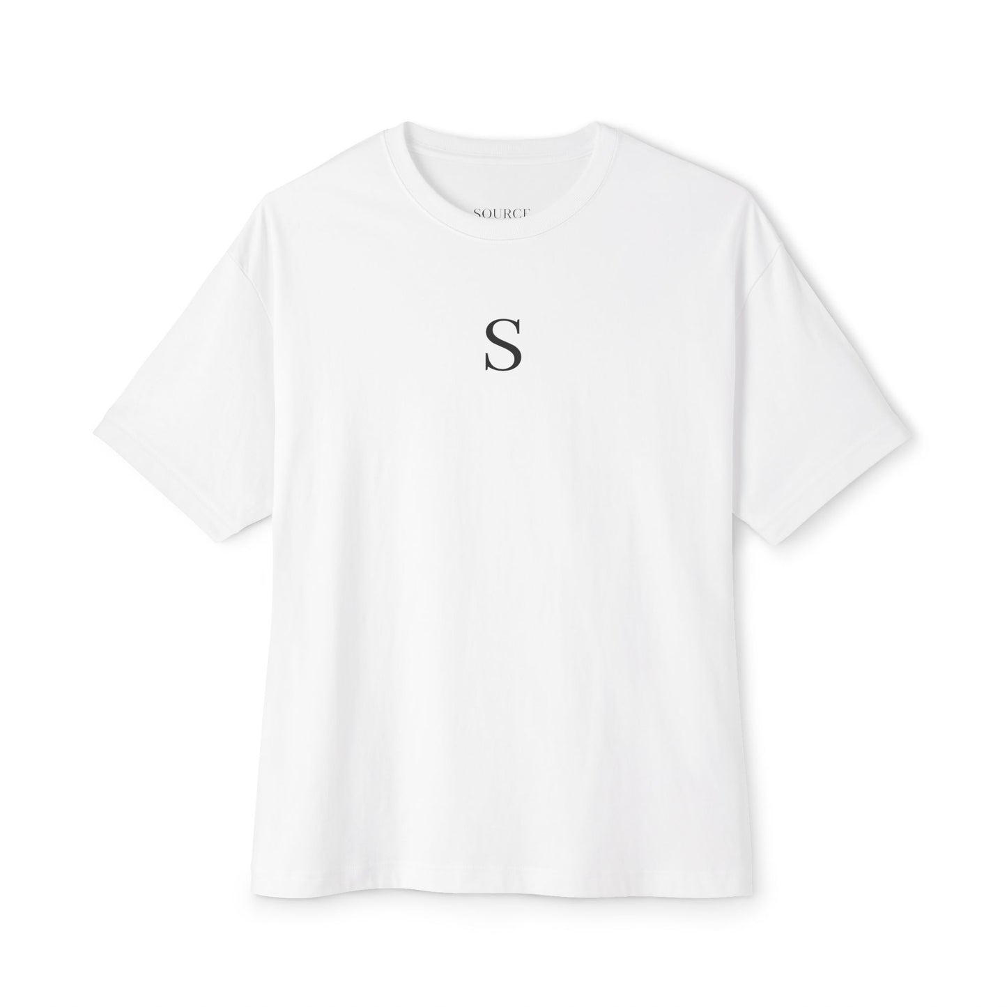 White t-shirt with a black letter 'S' on a white background