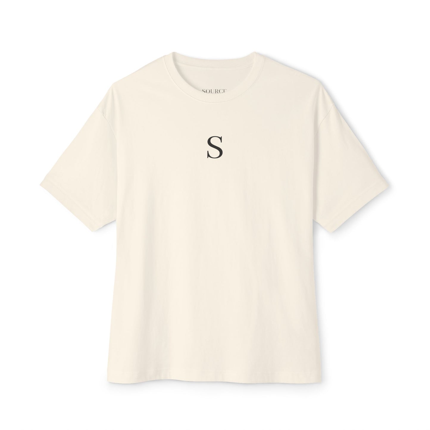 Beige t-shirt with a black letter 'S' on a white background
