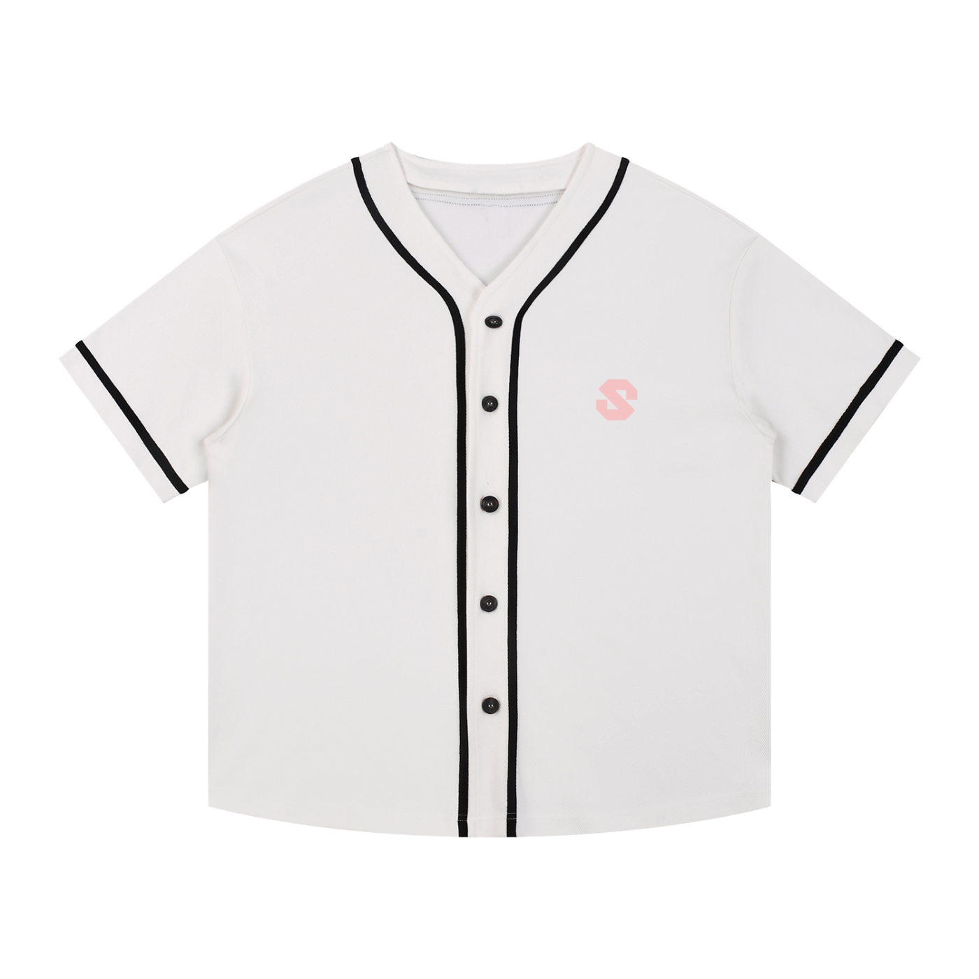 White baseball jersey with black trim and a small logo on a white background
