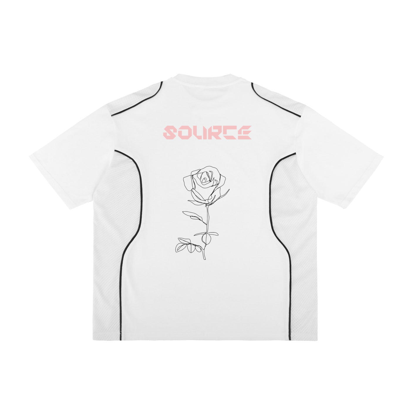 White t-shirt with a rose design and 'SOURCE' text on a white background
