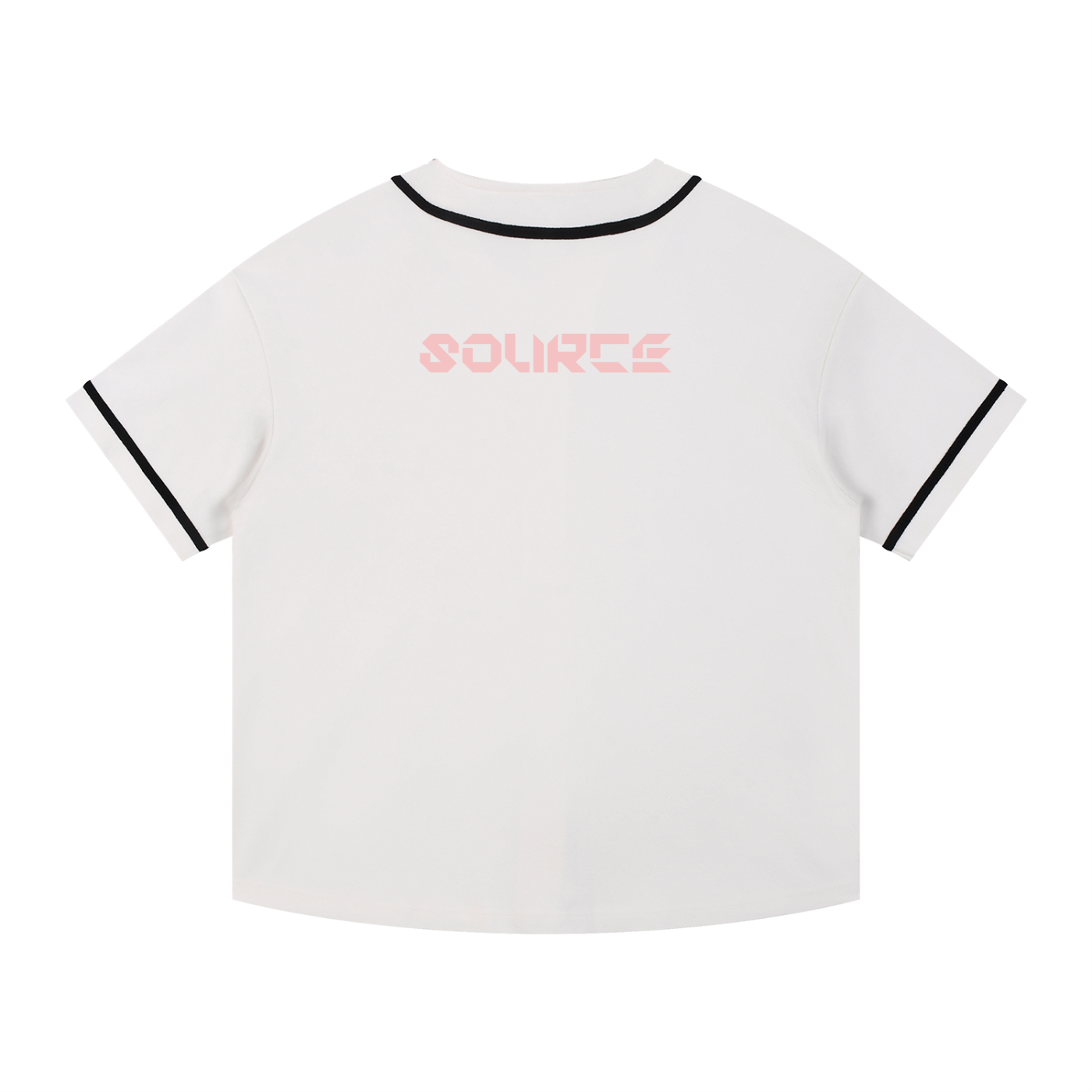 White t-shirt with black trim and 'SOURCE' logo on a white background