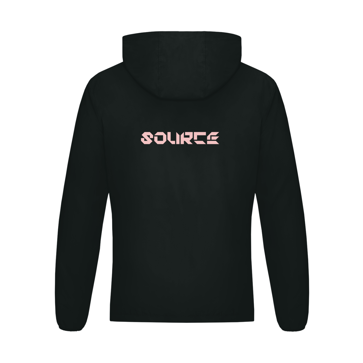 Black hoodie with 'SOURCE' logo on the back against a white background