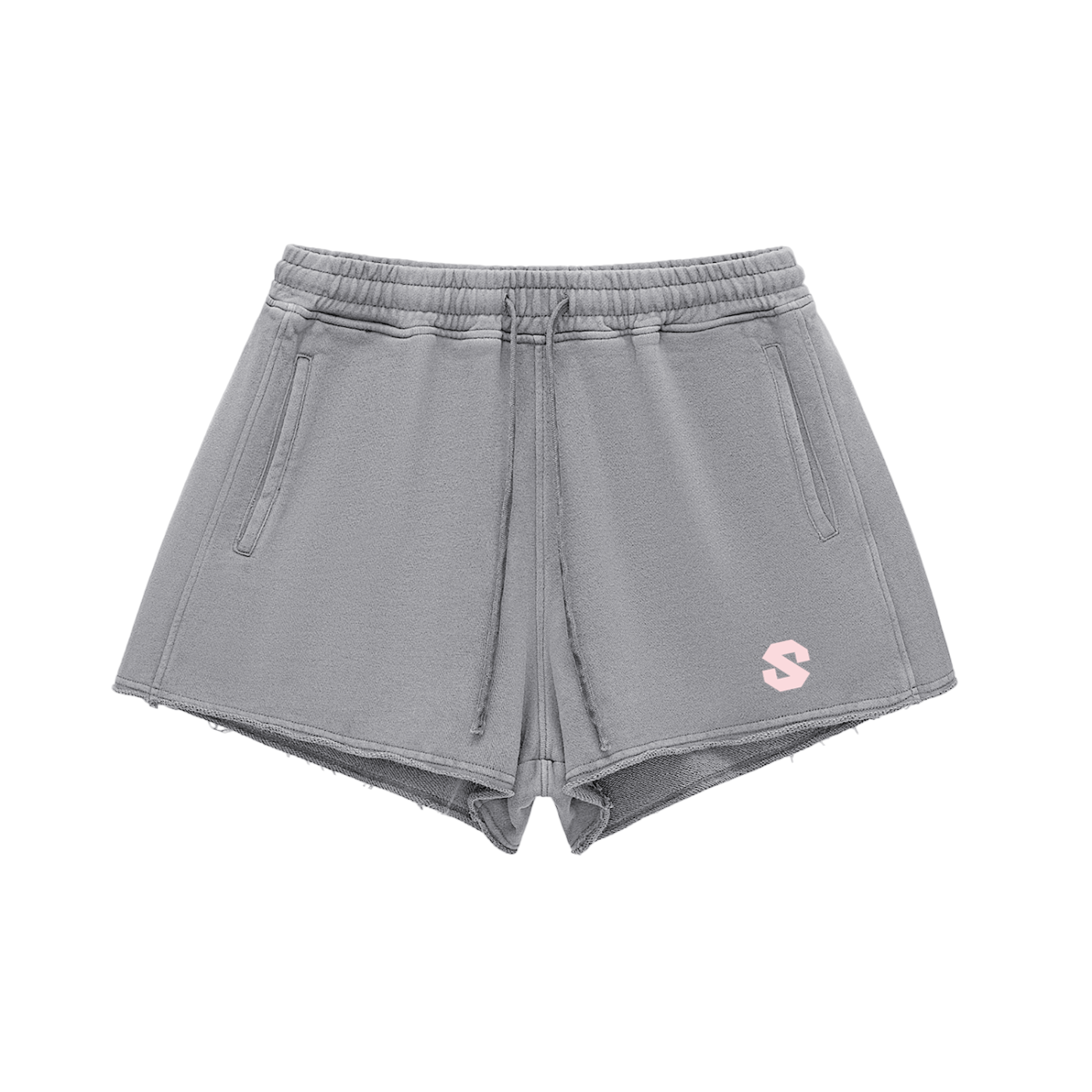 Gray shorts with a small logo on a white background