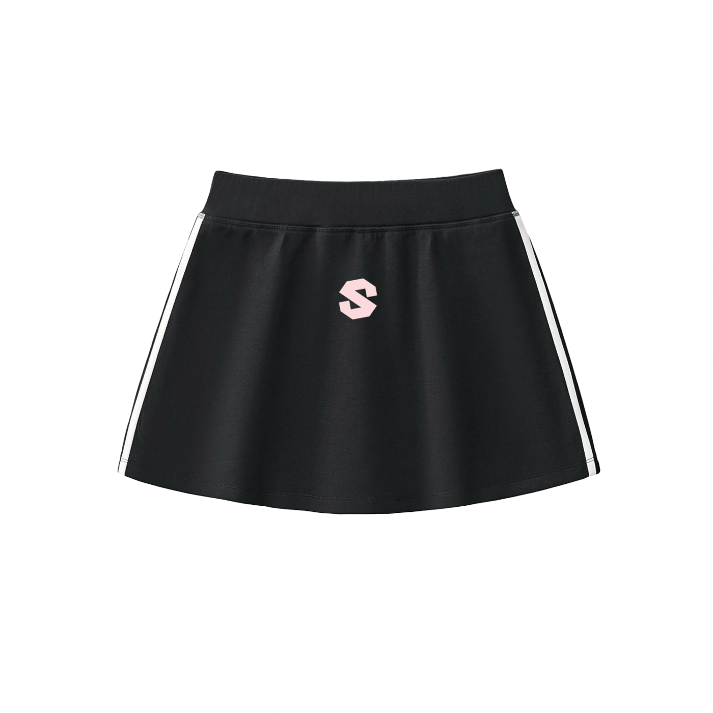 Black skirt with white stripes and a logo on a white background