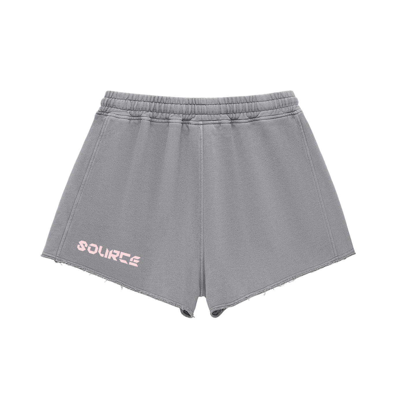 Gray shorts with a brand logo on a white background