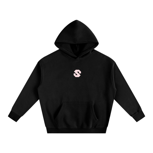 Black hoodie with a small logo on a white background
