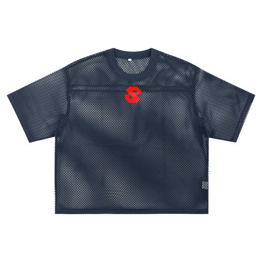 Navy blue textured t-shirt with a red logo on a white background