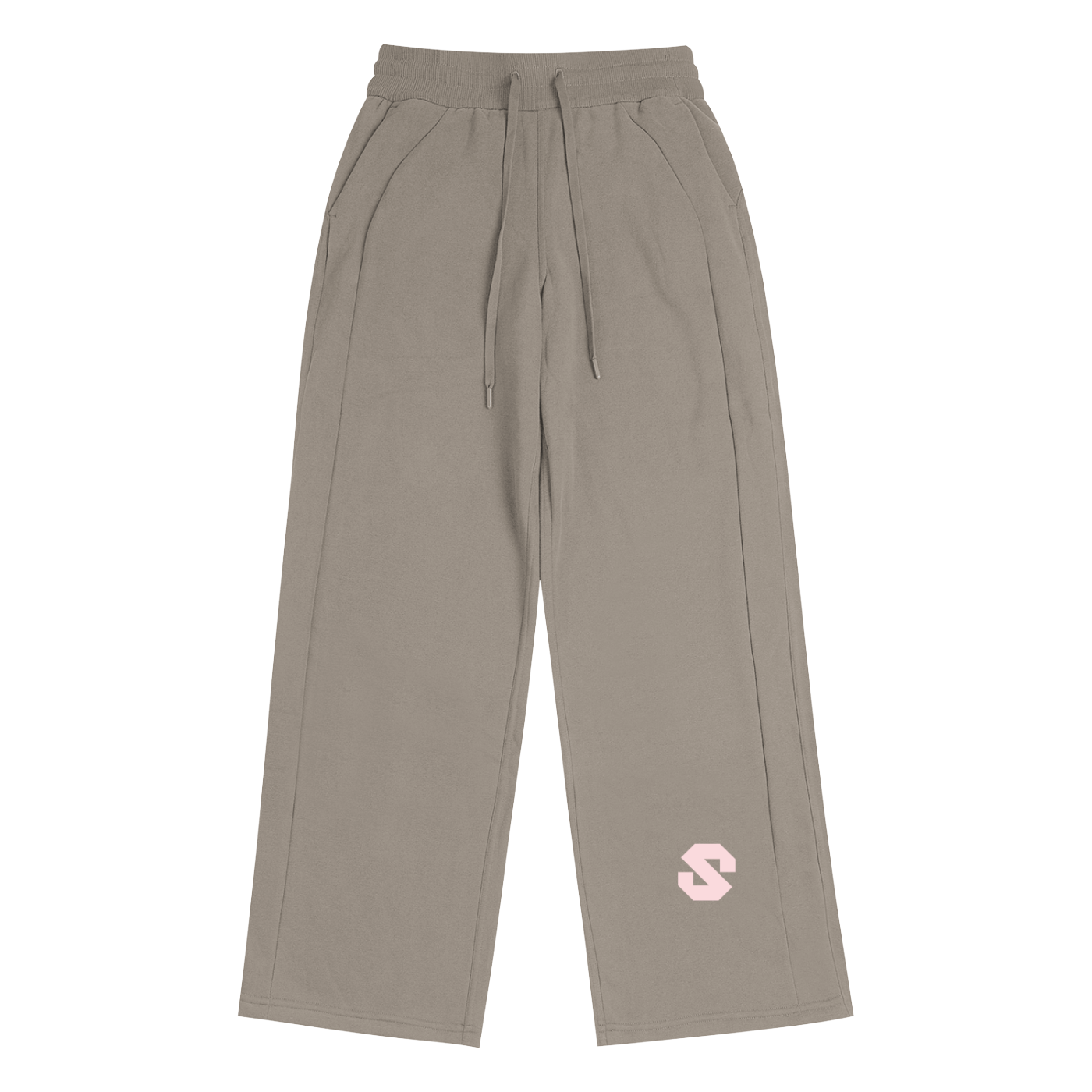 Beige pants with a pink logo on a white background