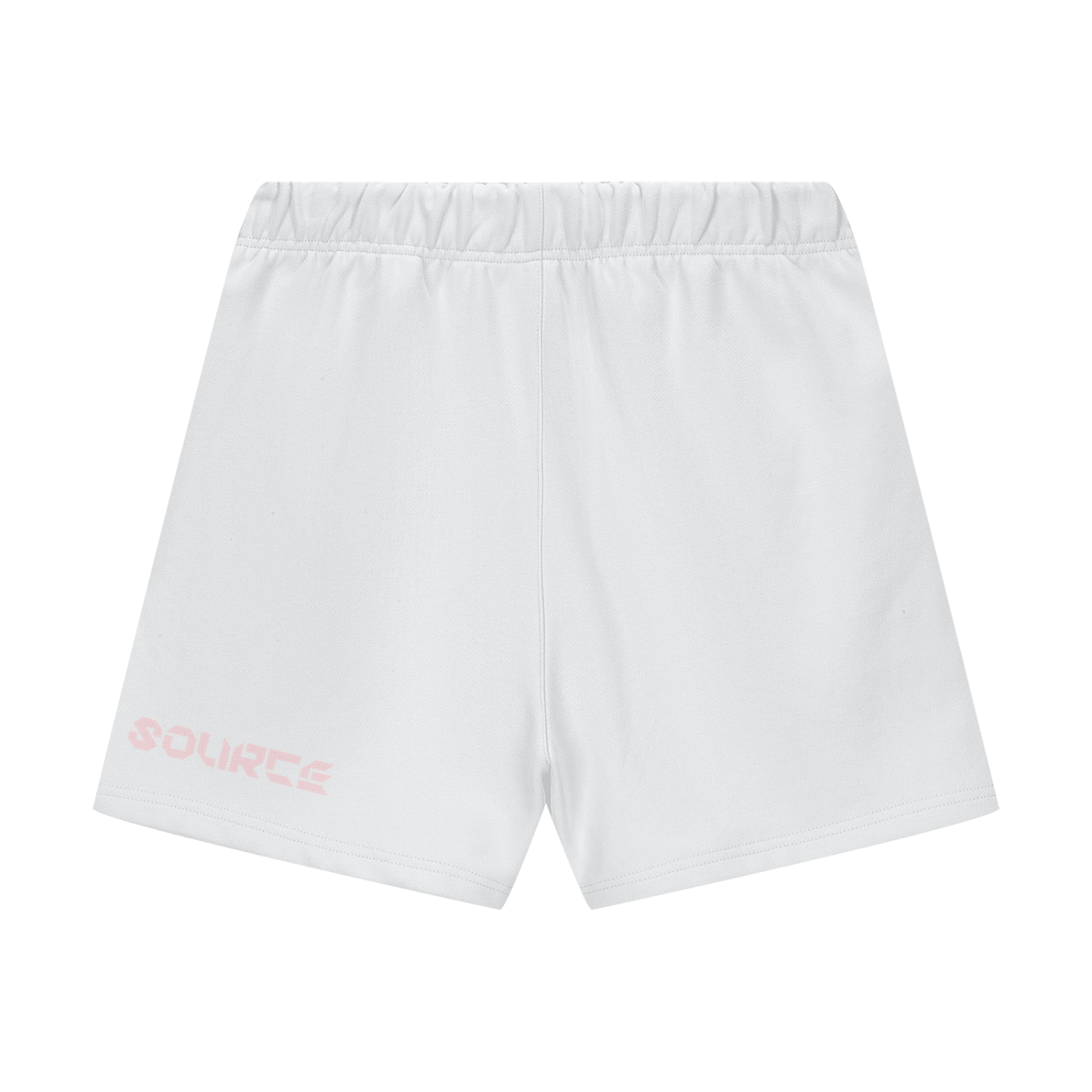 White shorts with pink text on a white background
