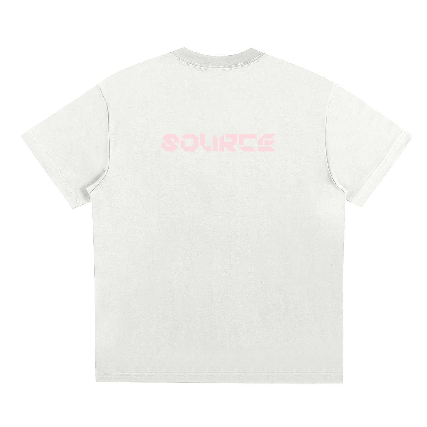 White t-shirt with 'SOURCE' printed in pink on a white background