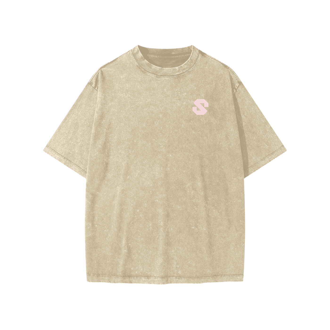 Beige t-shirt with a small pink logo on a white background