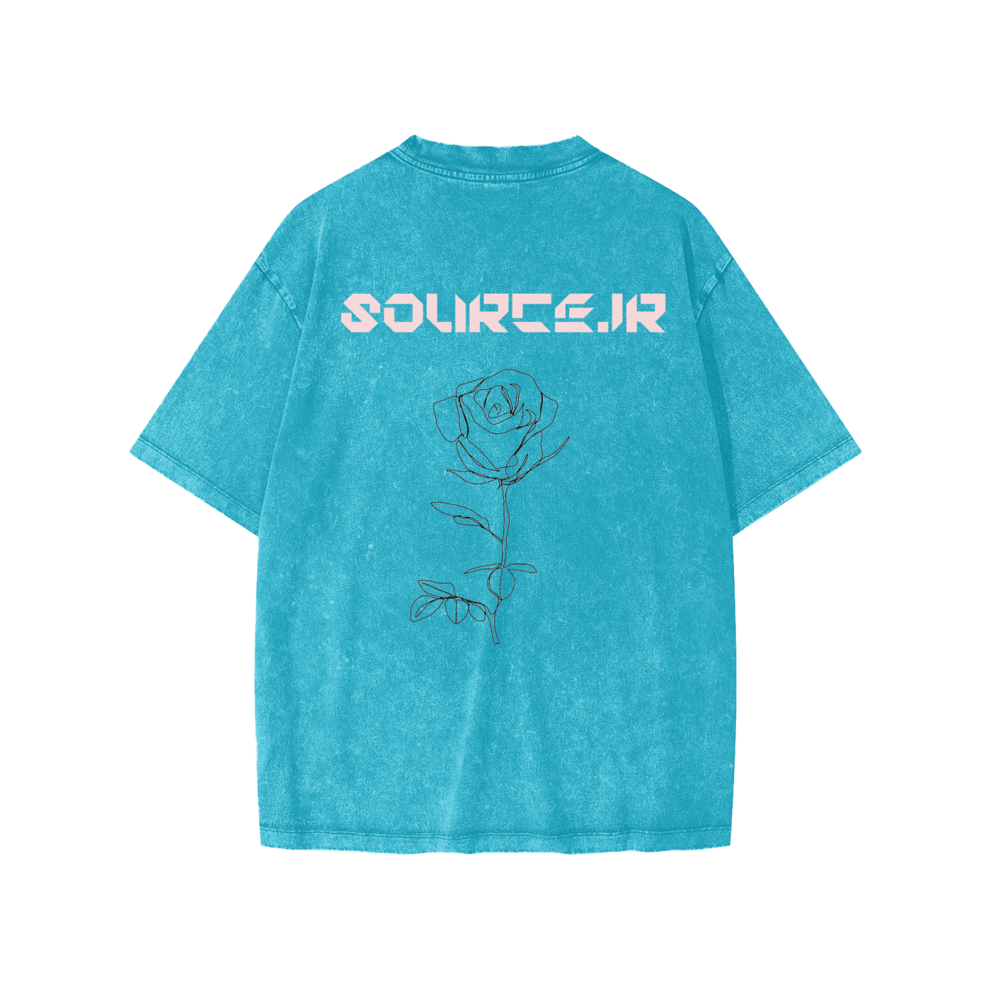 Blue t-shirt with a rose design and 'SOURCE.JR' text on the back against a white background