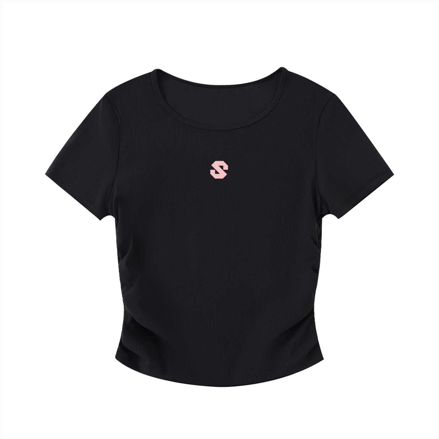 Black t-shirt with a small pink logo on a white background