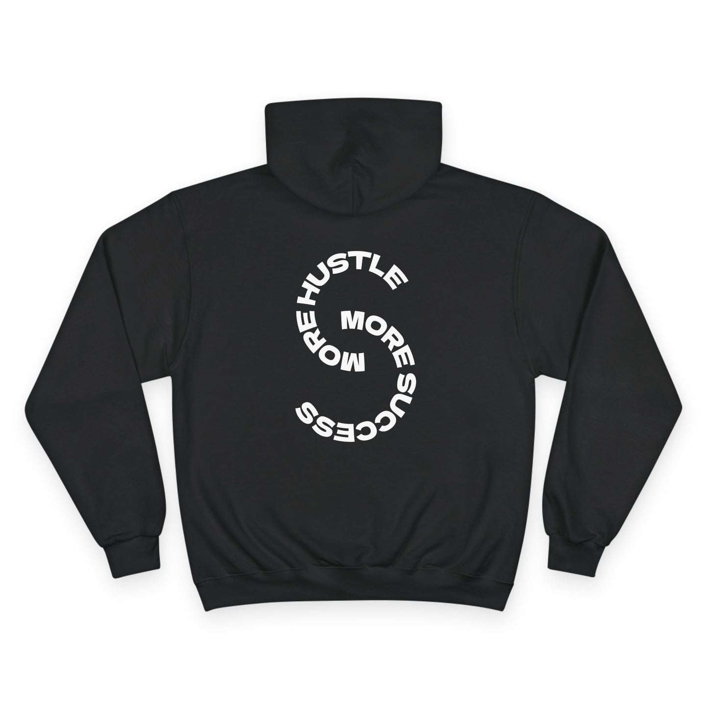 Black hoodie with white text on the back on a white background