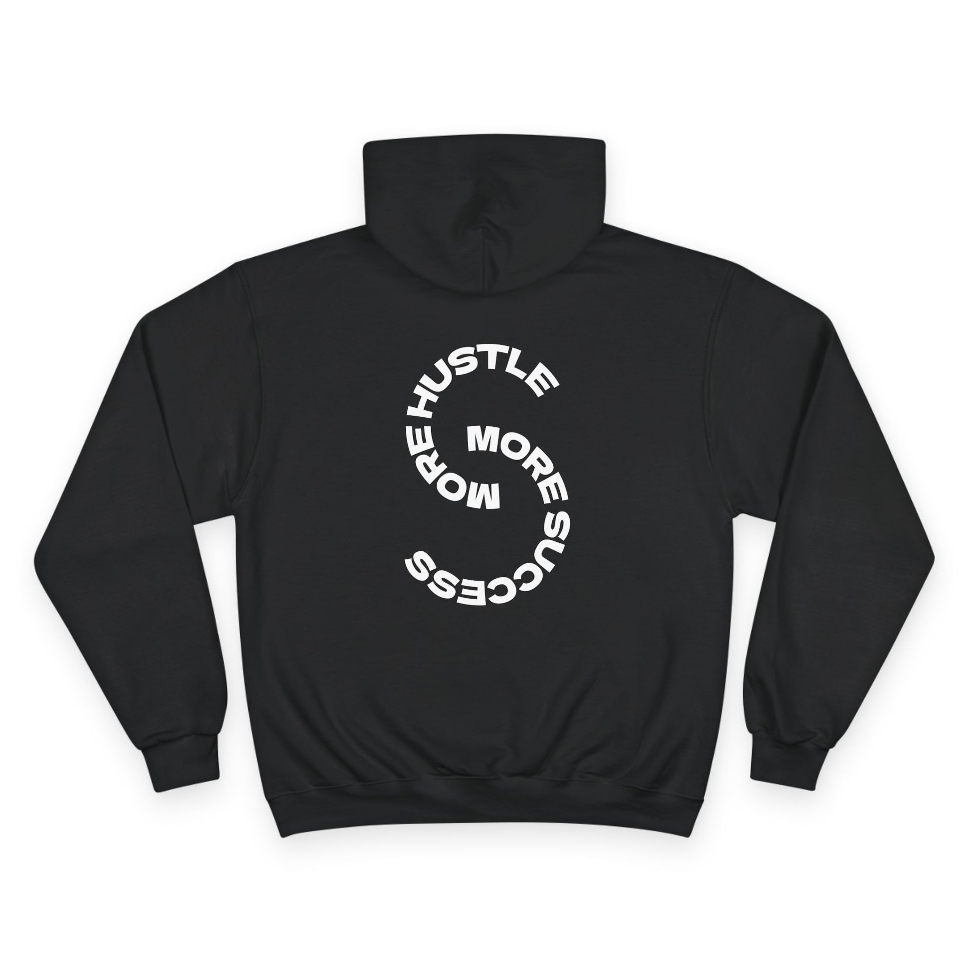 Black hoodie with white text on the back on a white background
