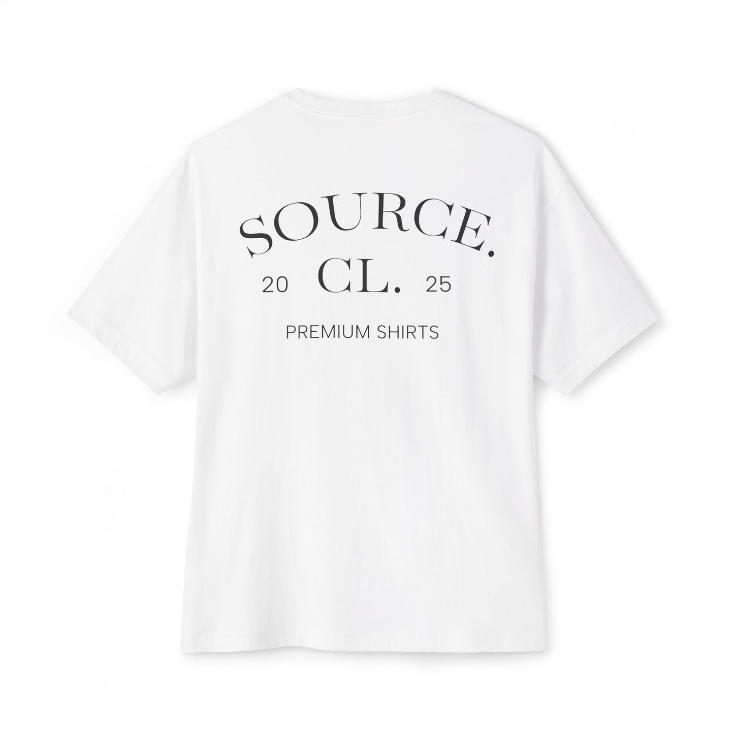 White t-shirt with black text on a white background