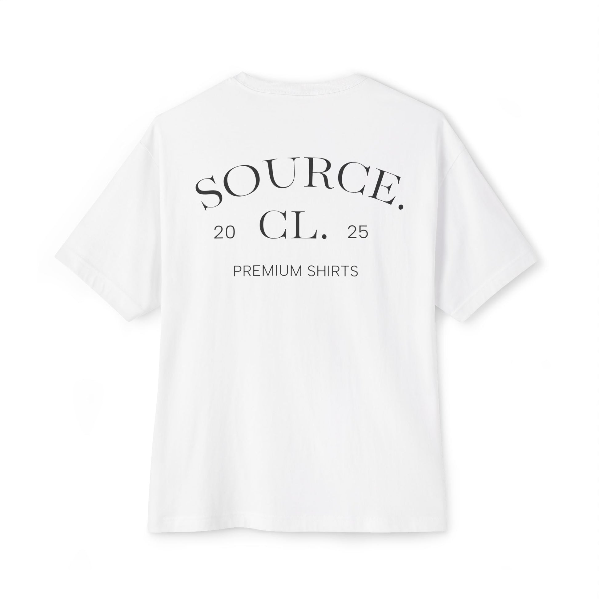 White t-shirt with black text on a white background