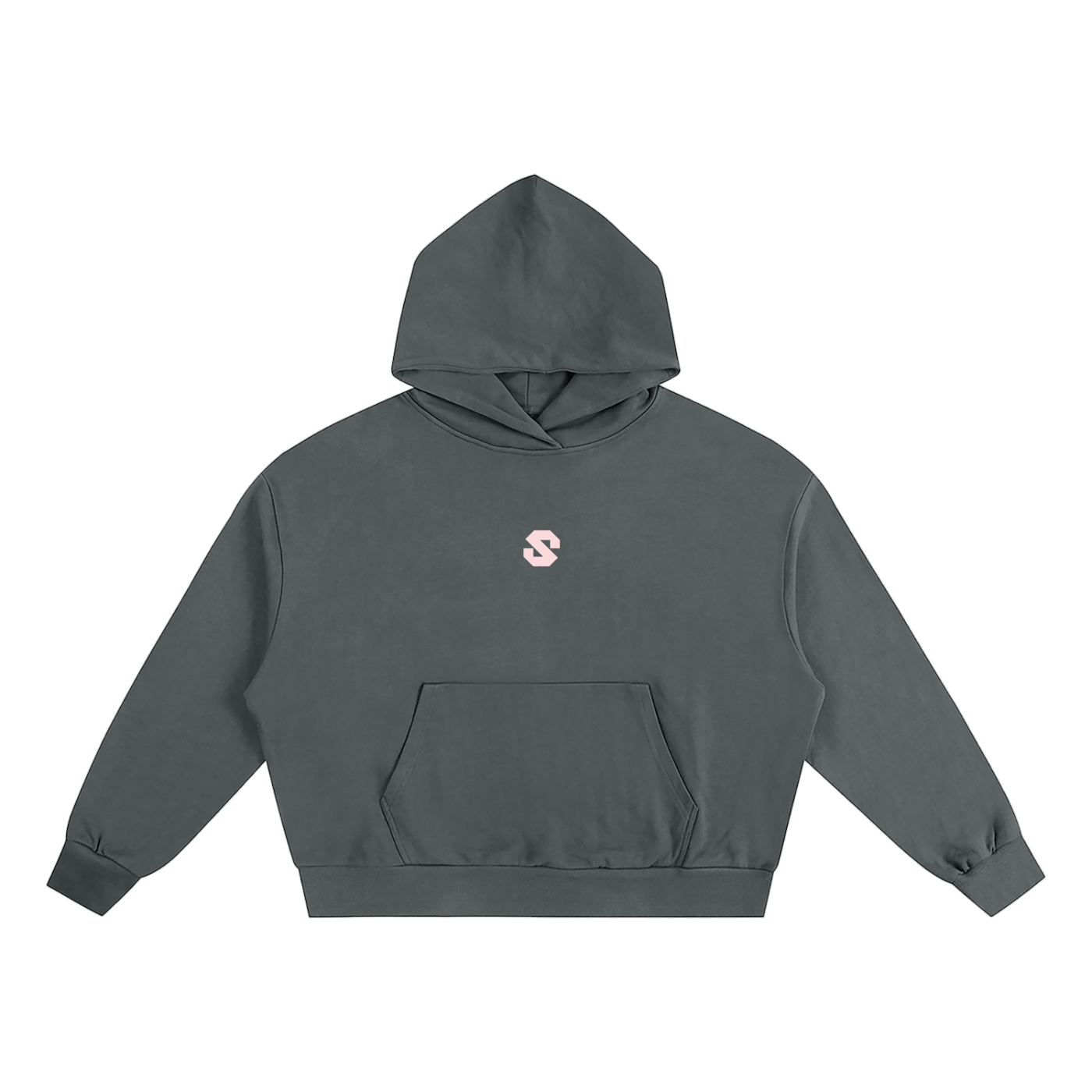Gray hoodie with a small pink logo on a white background