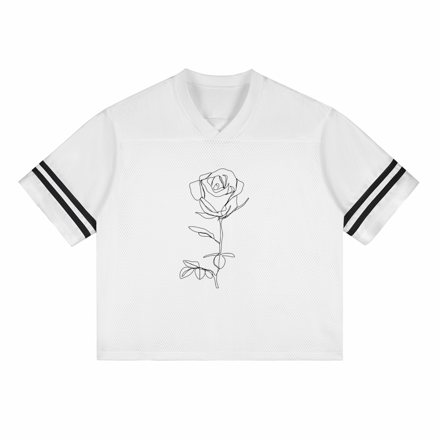 White crop top with black rose design and stripes on sleeves against a white background