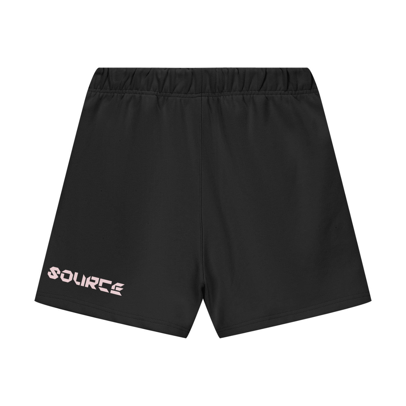 Black shorts with 'SOURCE' branding on a white background