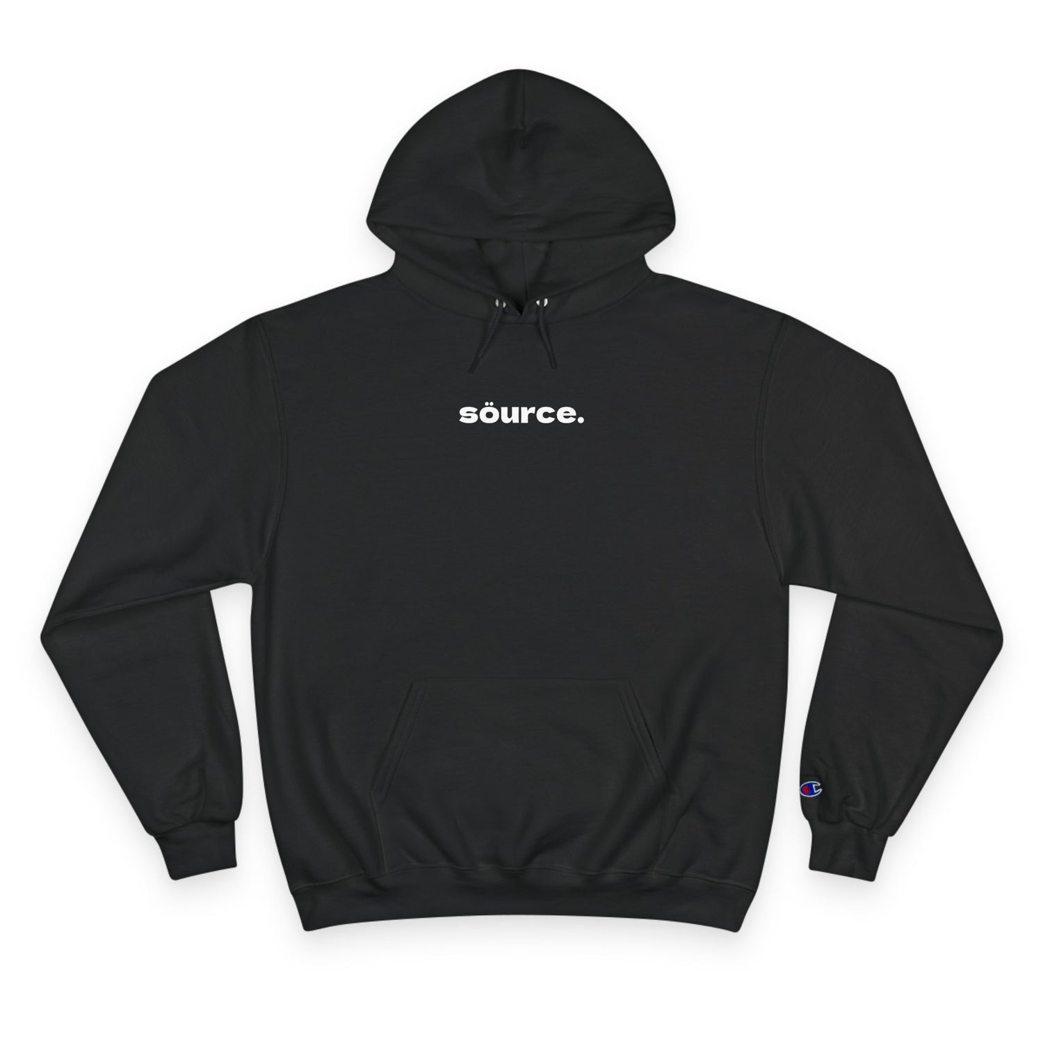Black hoodie with 'source.' text on a white background