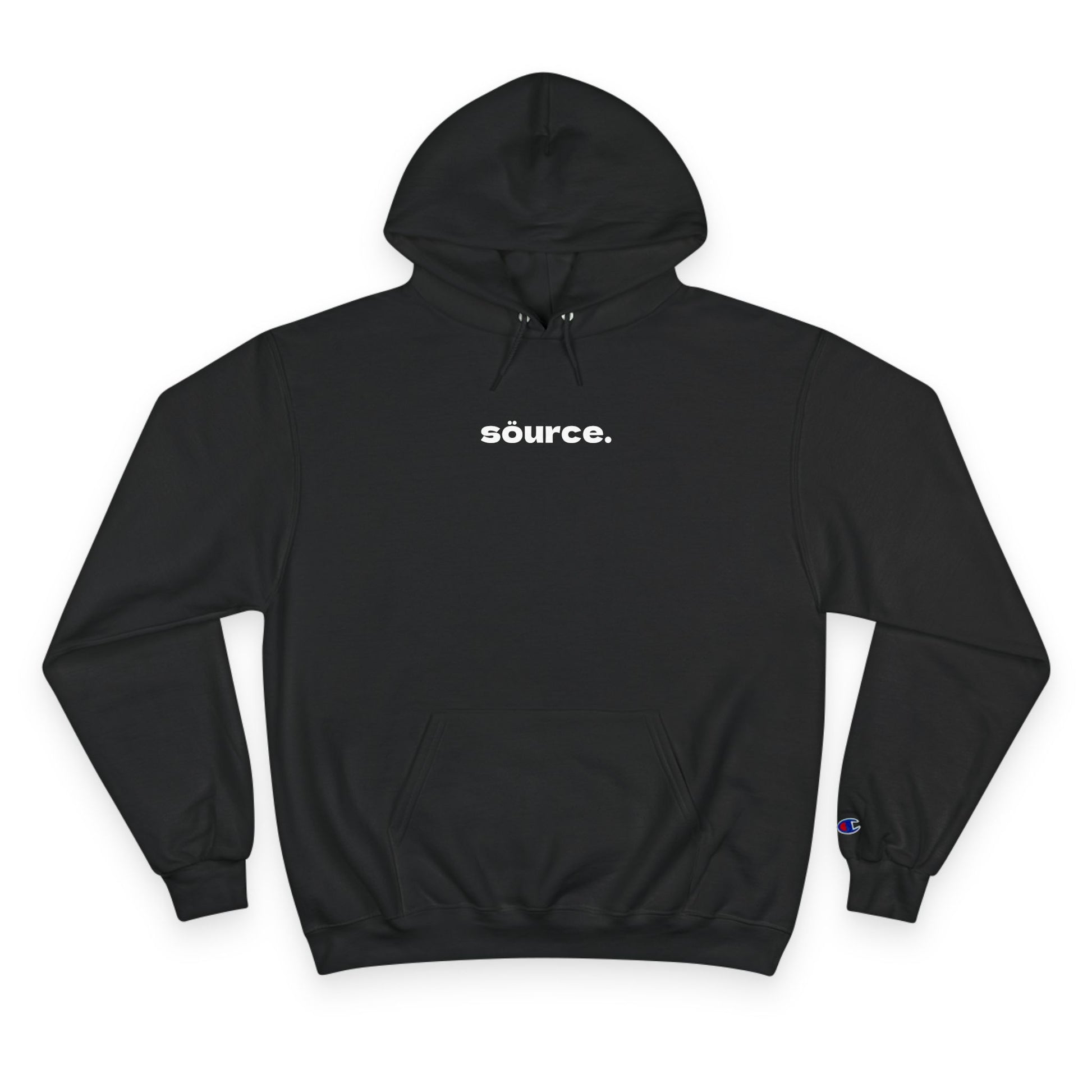 Black hoodie with 'source.' text on a white background