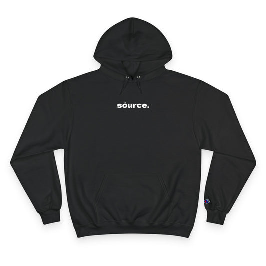 Black hoodie with 'source.' text on a white background