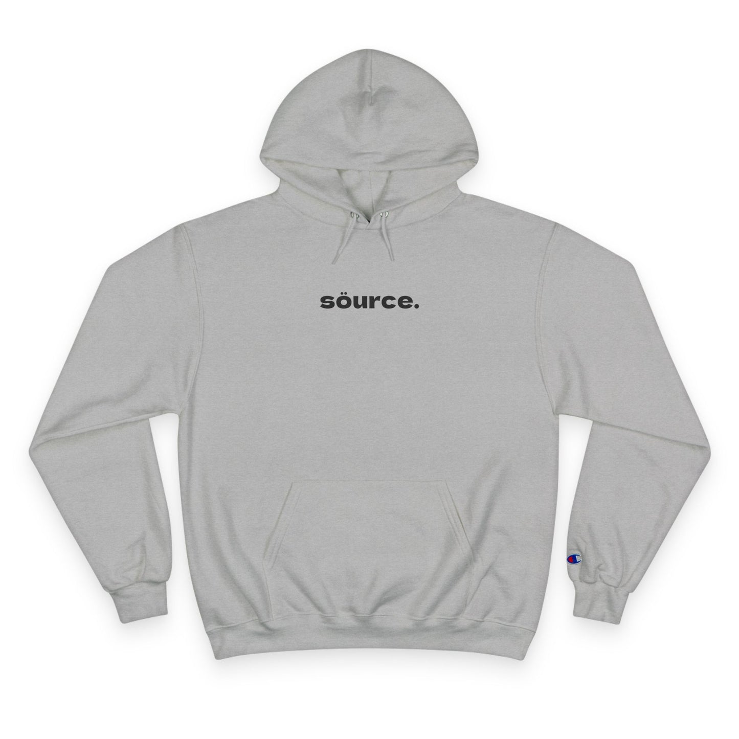 Gray hoodie with 'source.' text on a white background