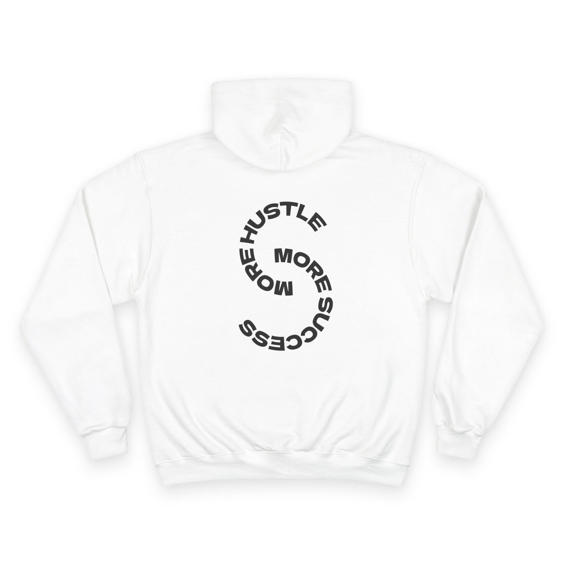 White hoodie with black text on a white background