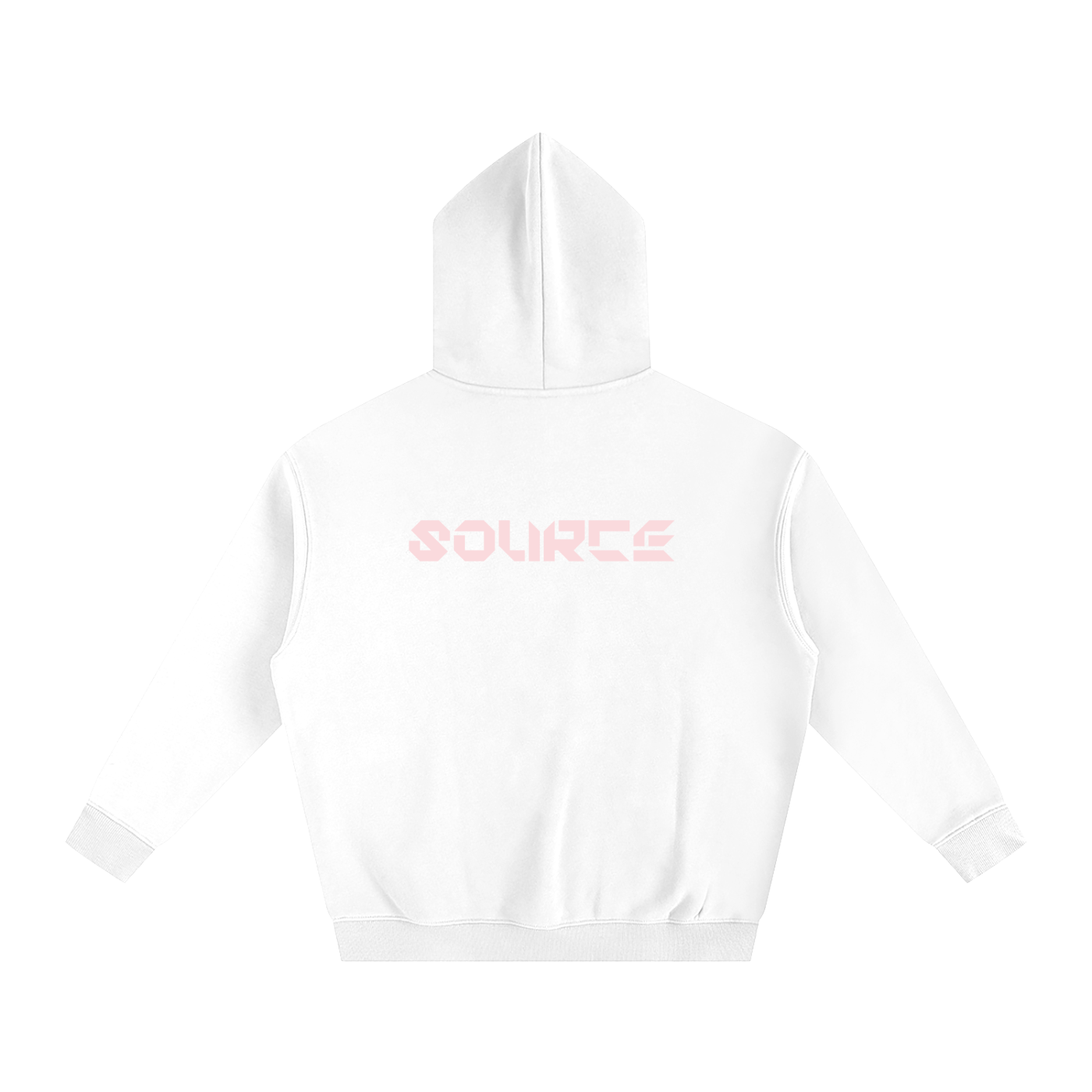 White hoodie with 'SOURCE' branding on a white background