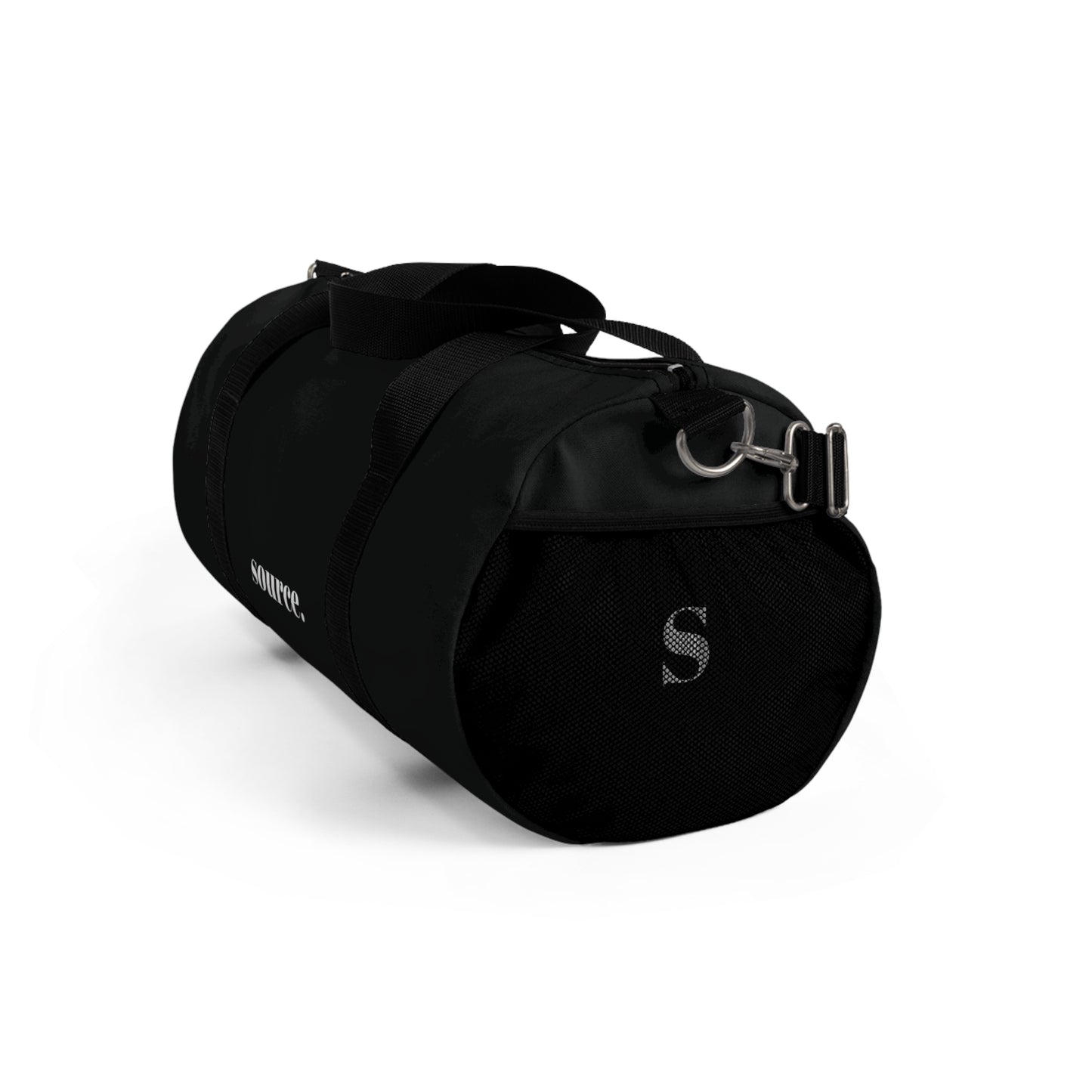 Black duffel bag with a visible brand logo on a white background