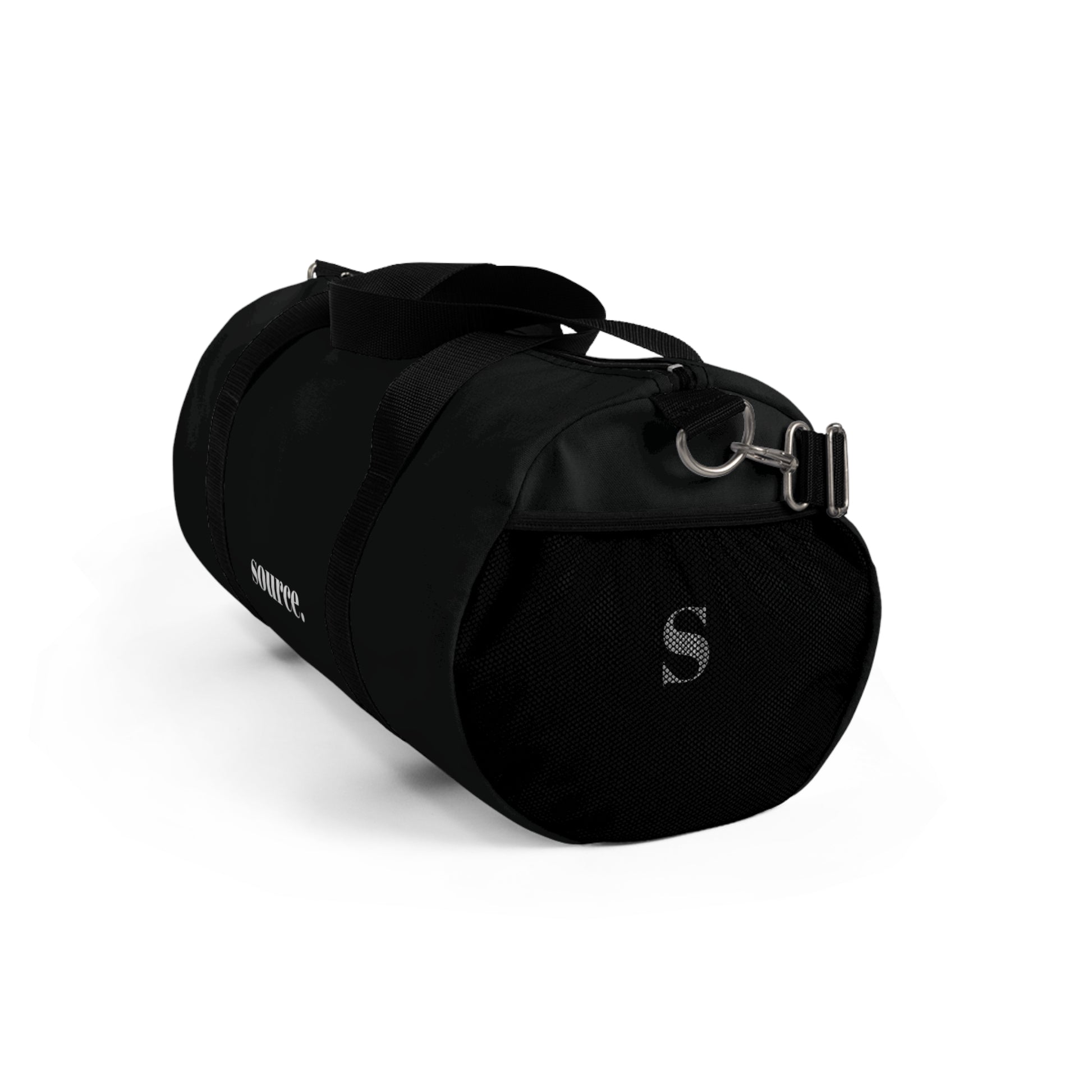 Black duffel bag with a visible brand logo on a white background