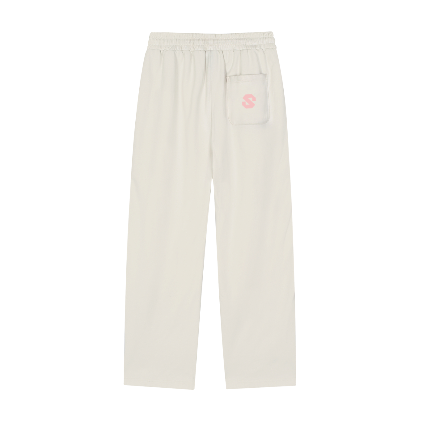 White pants with a small logo on a white background
