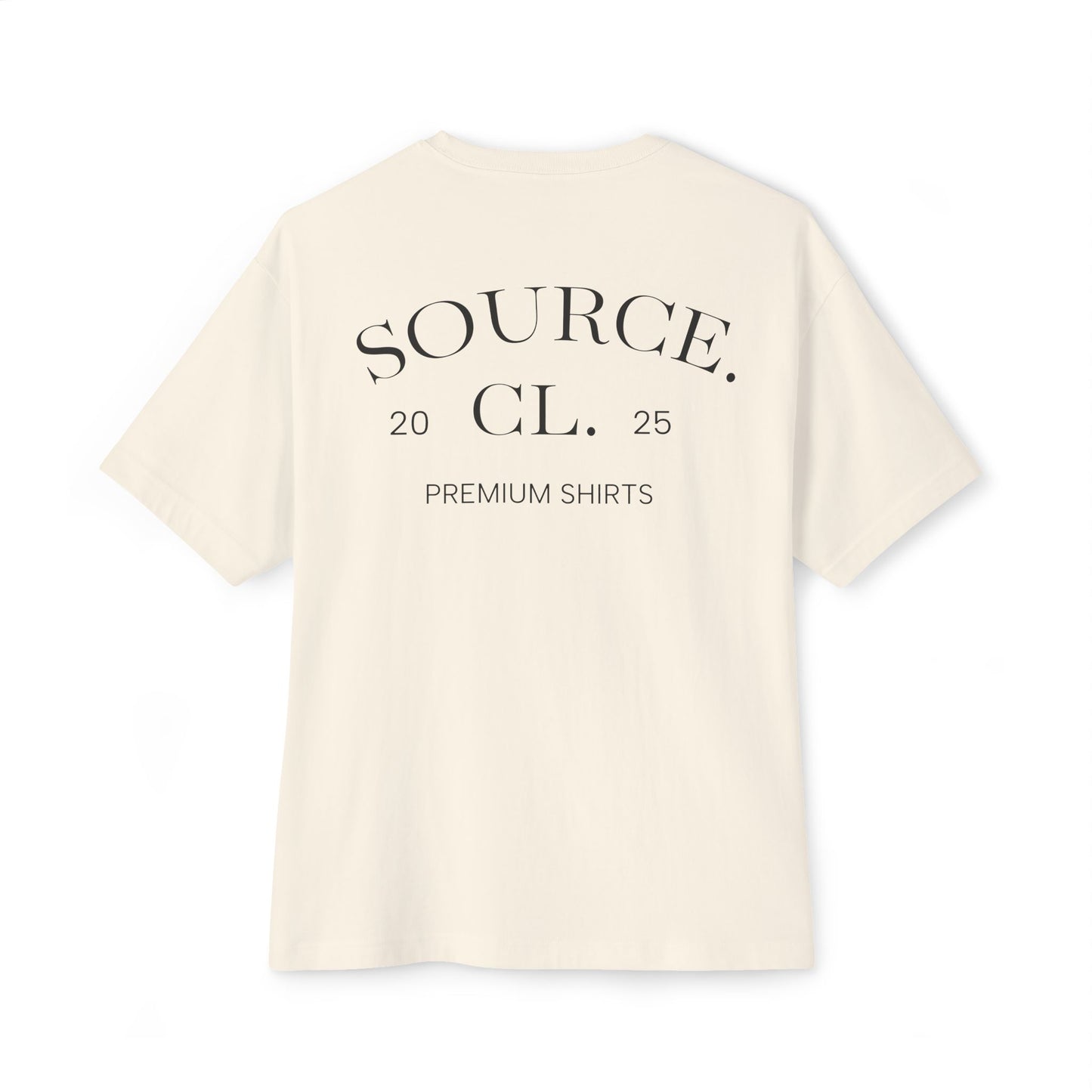 Beige t-shirt with 'SOURCE. CL. 2025' text on a white background