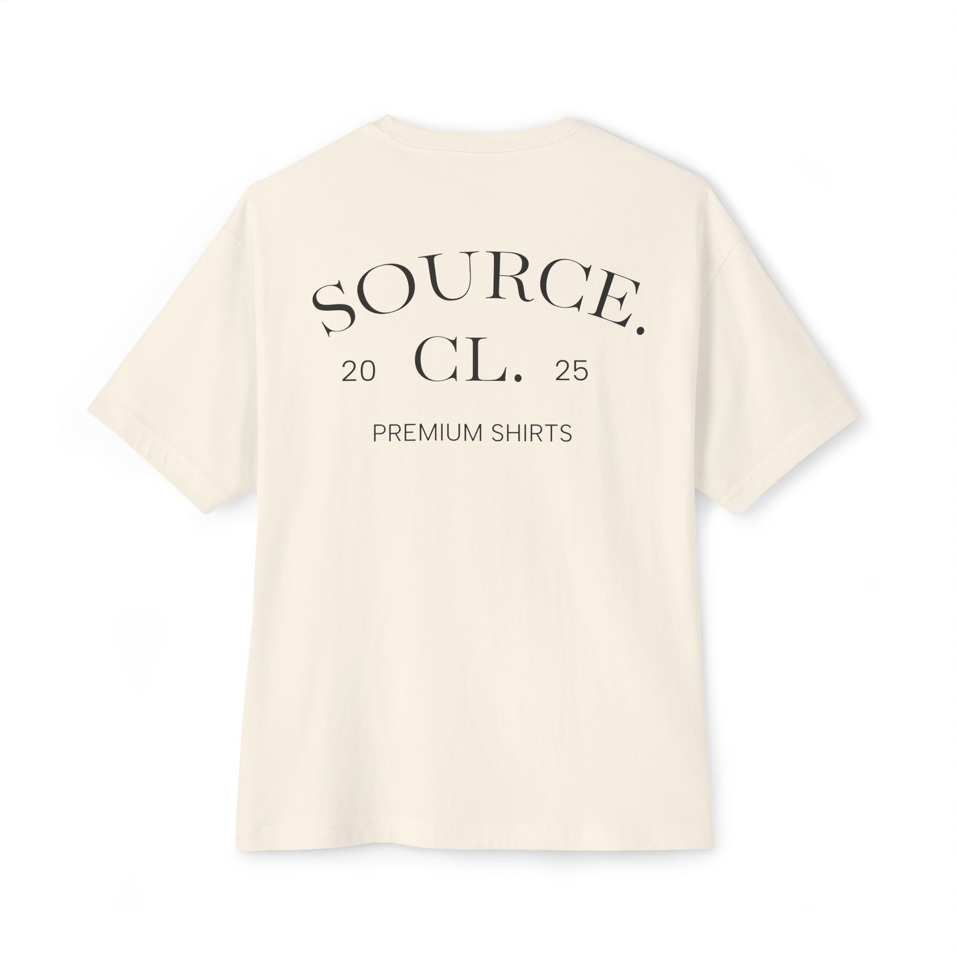 Beige t-shirt with 'SOURCE. CL. 2025' text on a white background