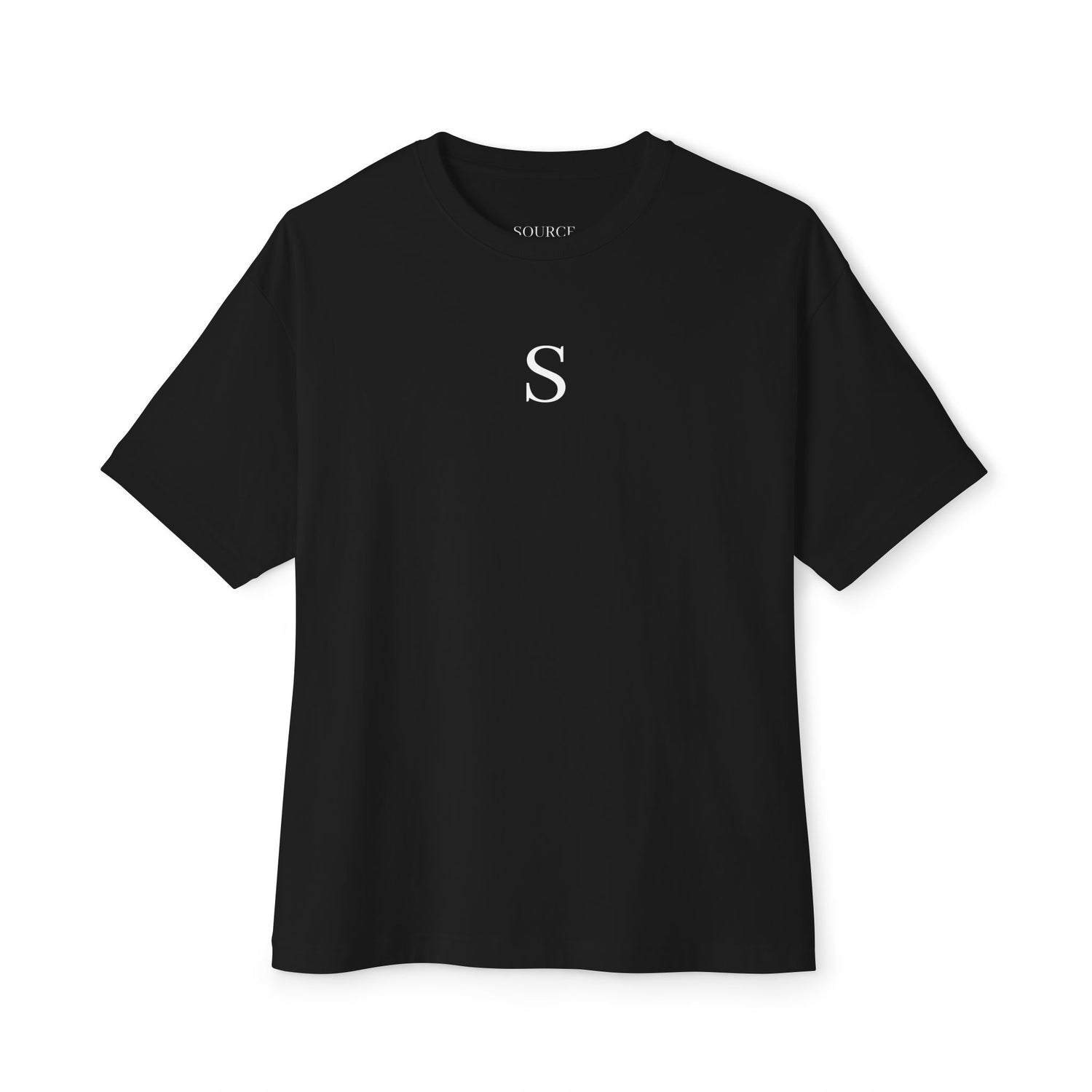 Black t-shirt with a white letter 'S' on a white background