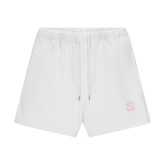 White shorts with a small logo on a white background