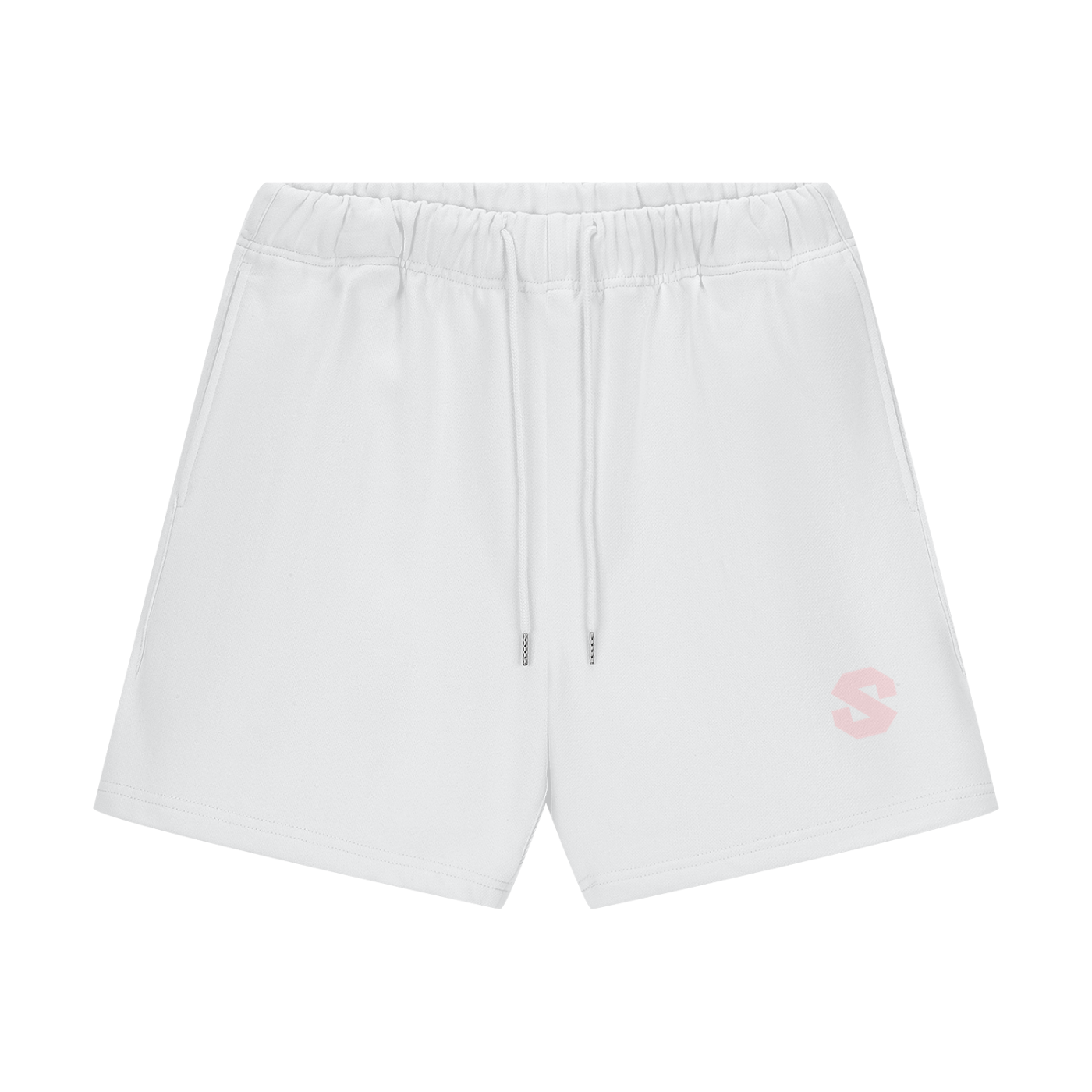 Black shorts with a small logo on a white background